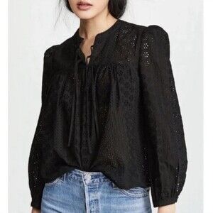 Madewell Size Small Eyelet Double Tie Peasant Top Black Lace Cottagecore Prairie